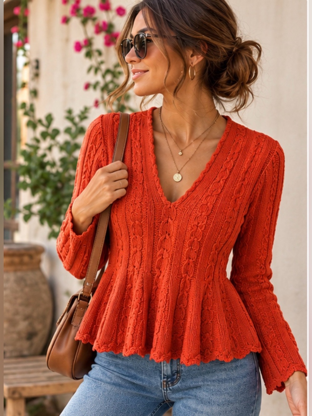Antonio Melani Orange Cable Knit Peplum Sweater Medium V Neck Feminine Fall Top